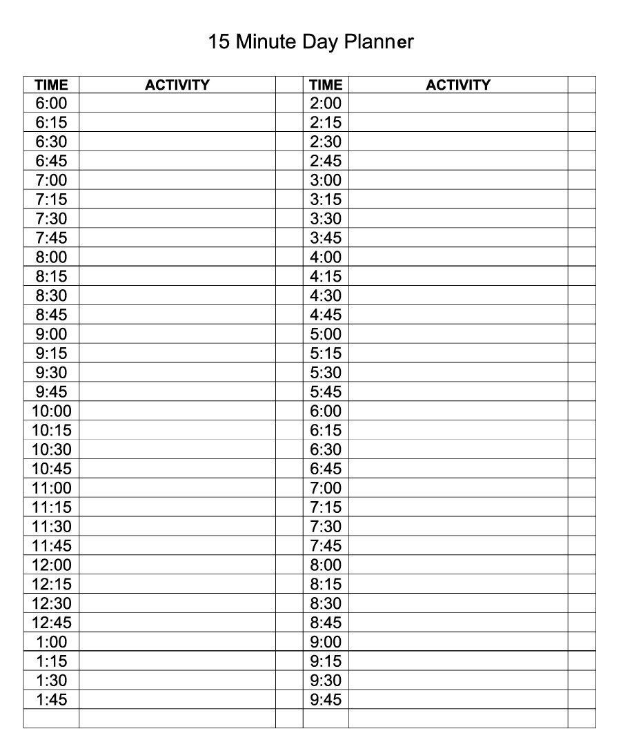 Free Downloadable Daily Schedule Page 15 Minute Incriments Example