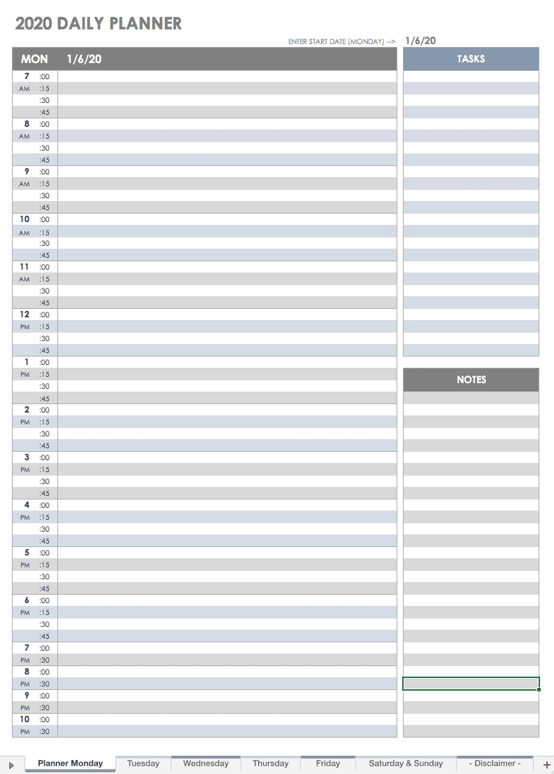 Google Day Planner 15 Minute Increments Example Calendar