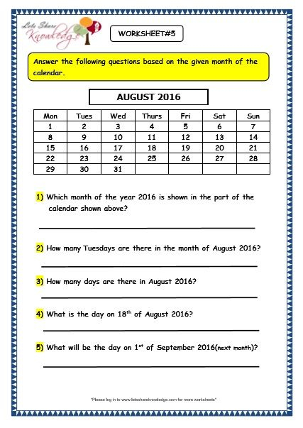 grade 3 maths worksheets: (9 1 calendars) lets share