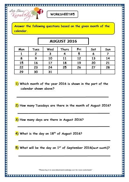 Grade 3 Maths Worksheets: (9 1 Calendars) Lets Share