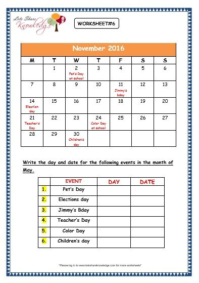 grade 3 maths worksheets: (9 2 dates and days on calendar
