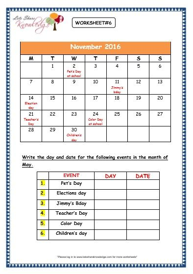 Grade 3 Maths Worksheets: (9 2 Dates And Days On Calendar