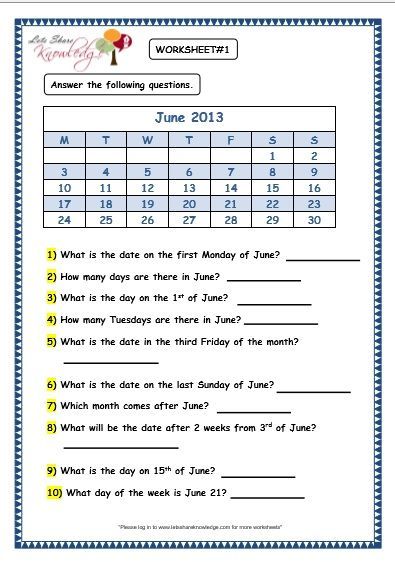 Grade 3 Maths Worksheets: (9 2 Dates And Days On Calendar