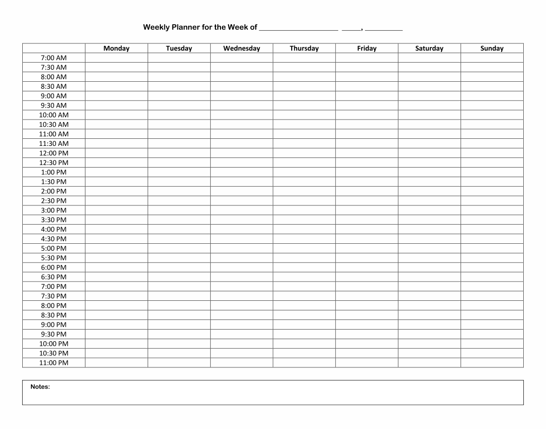 Hourly 24 Hour Weekly Schedule Template