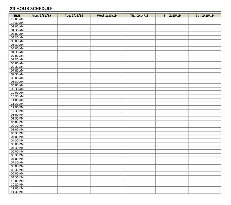 hourly schedule template in 15/30 minute intervals