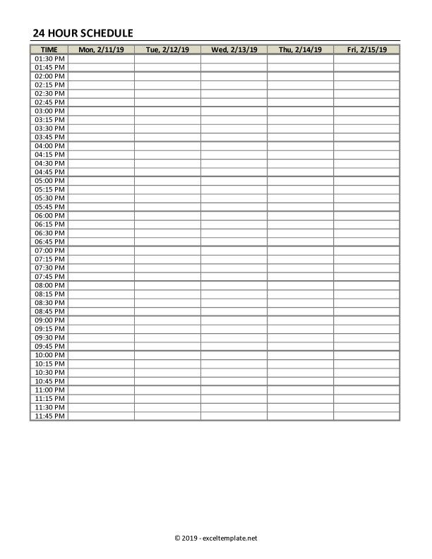 Hourly Schedule Template In 15/30 Minute Intervals