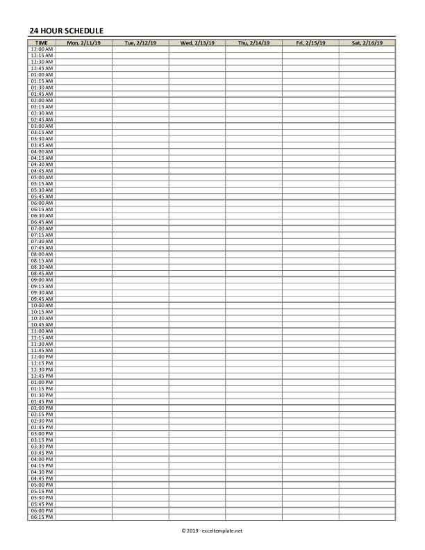 hourly schedule template in 15/30 minute intervals