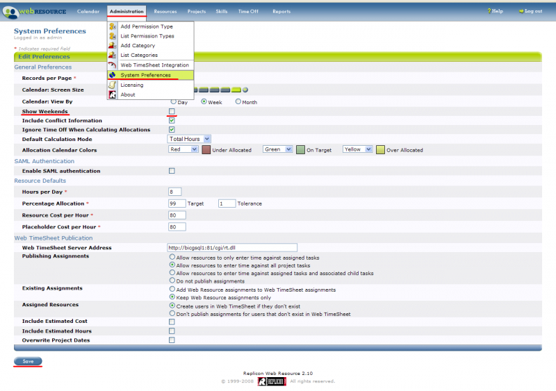 how to get web resource calendars to show &#039;weekends