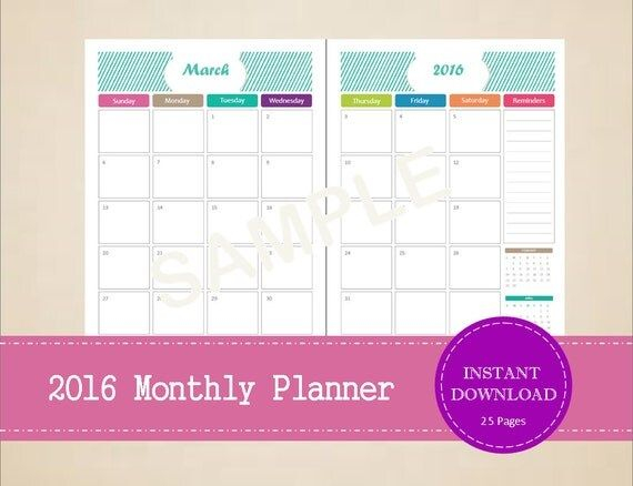 Items Similar To Printable 2016 Half Page Monthly Planner