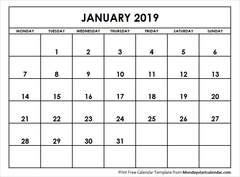 January 2019 Calendar Starting Monday | Calendar, 2019