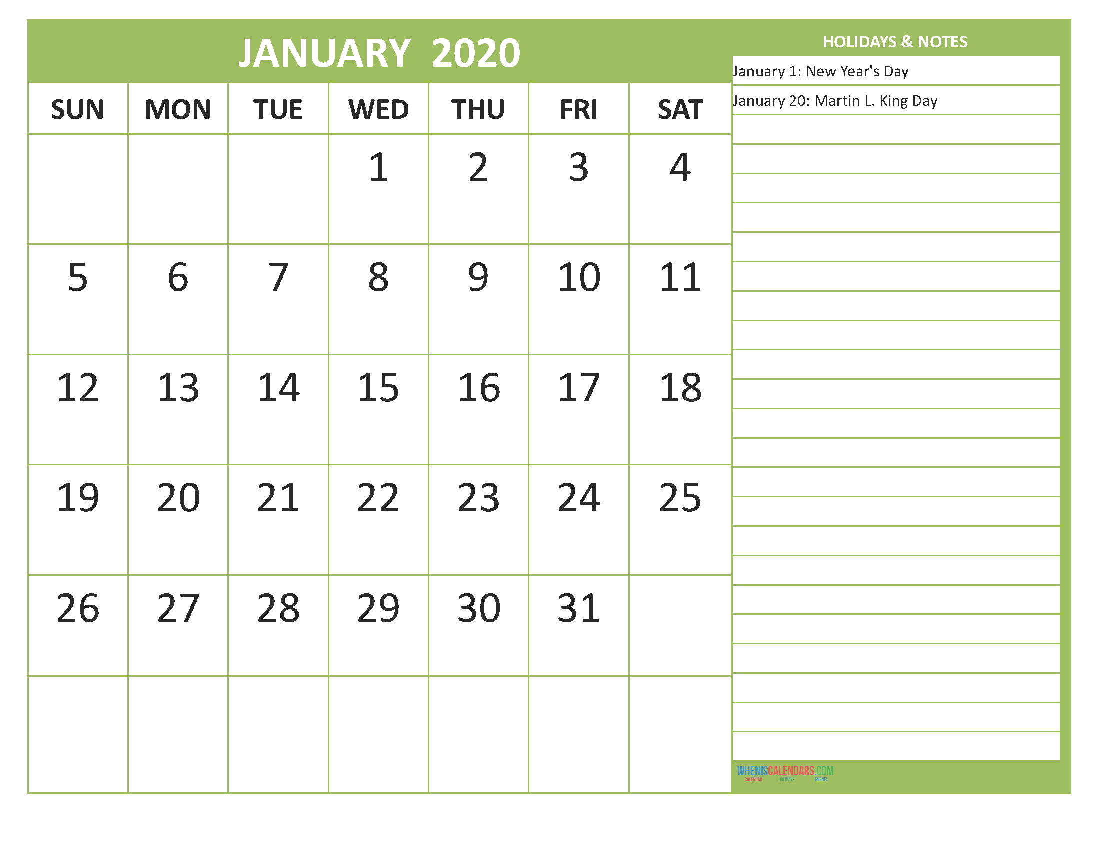 January 2020 Calendar With Holidays Free Printable Free
