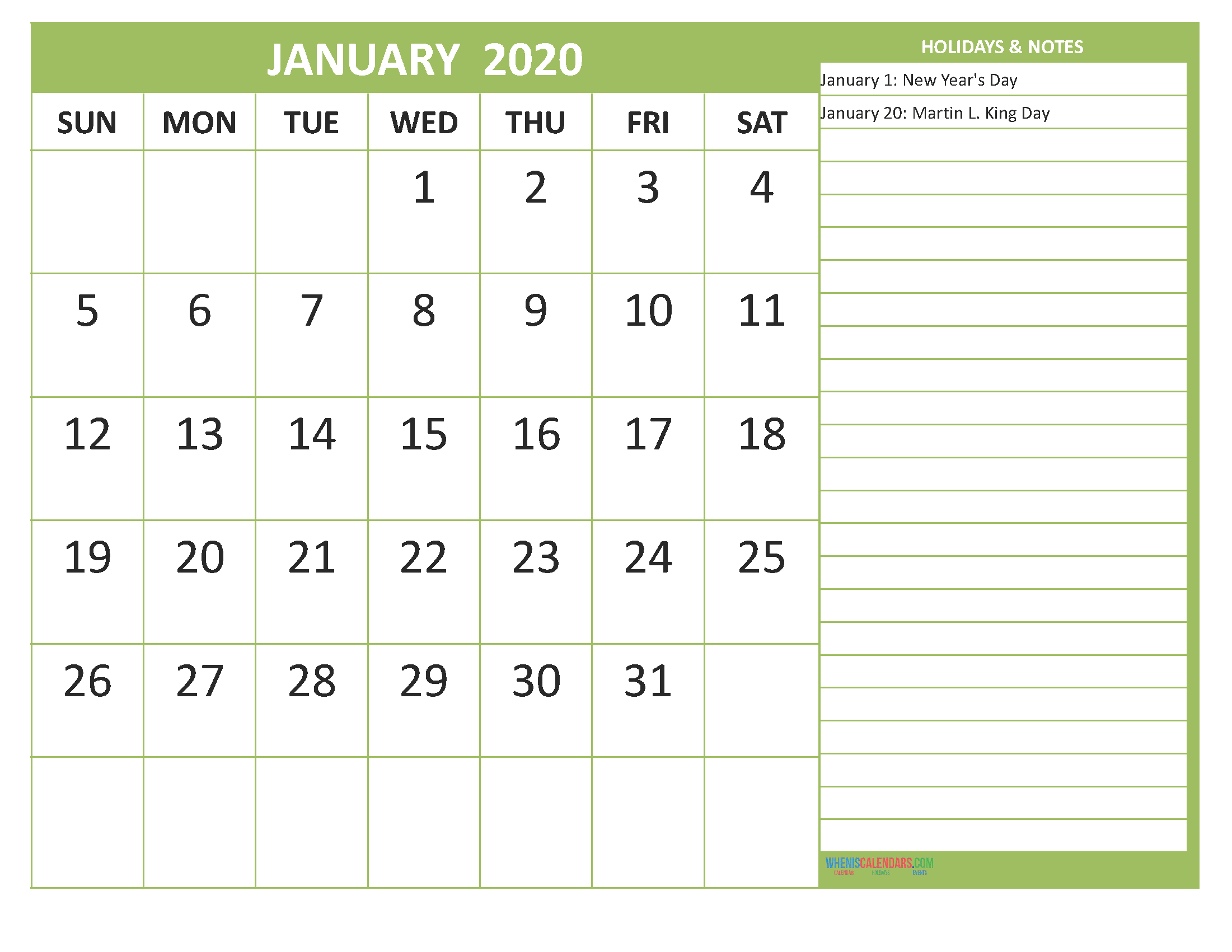 january 2020 calendar with holidays free printable free