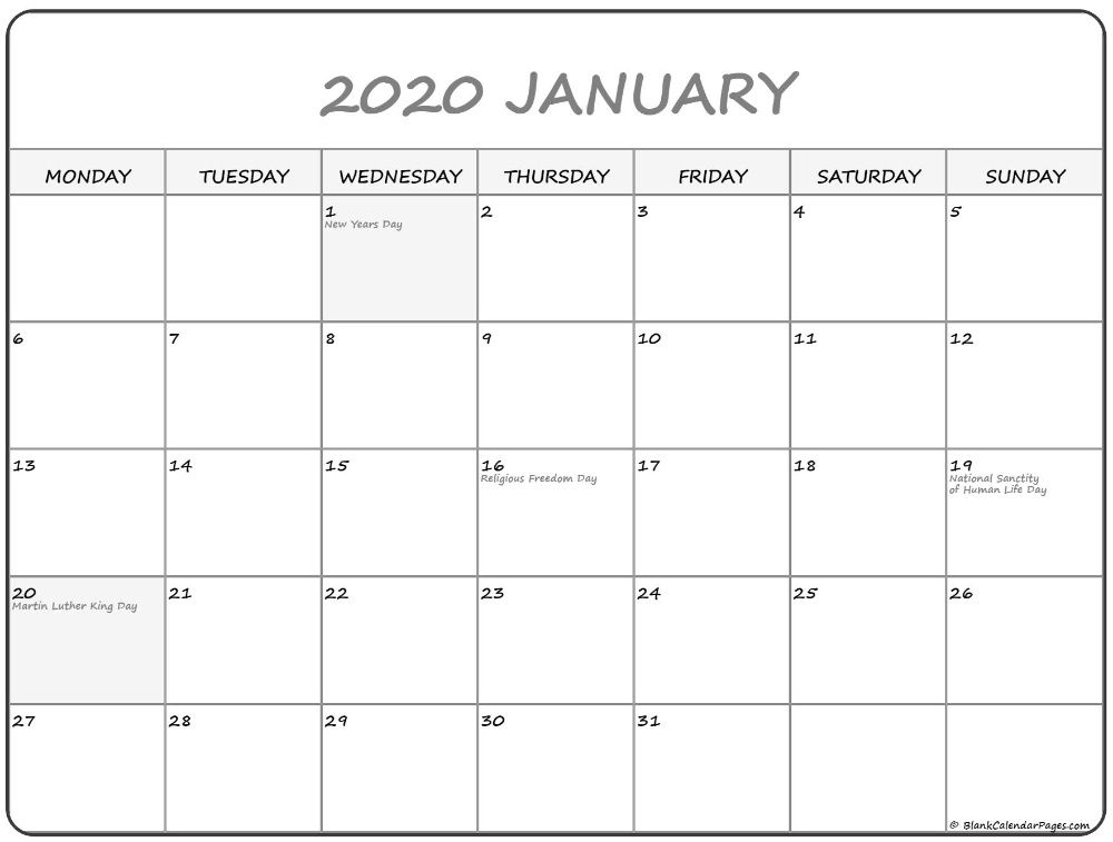 January 2020 Monday Calendar | Monday To Sunday | Calendar