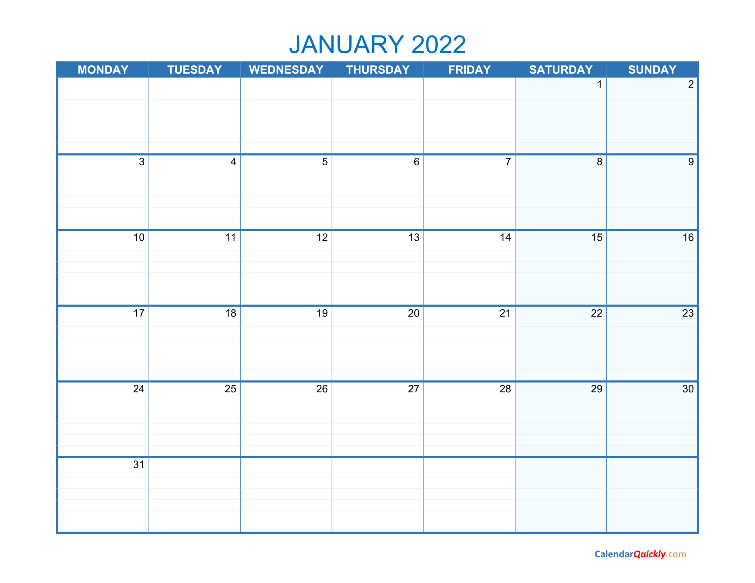 january monday 2022 blank calendar | calendar quickly