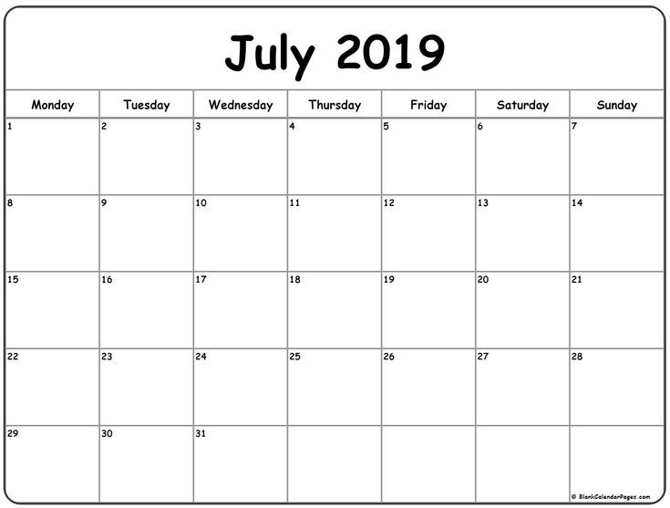 July 2019 Monday Calendar Monday To Sunday | Monthly