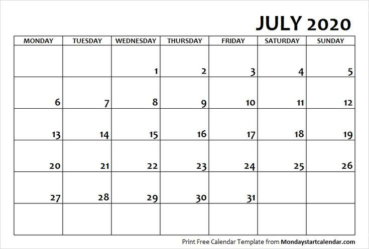 july 2020 calendar monday start | july month template