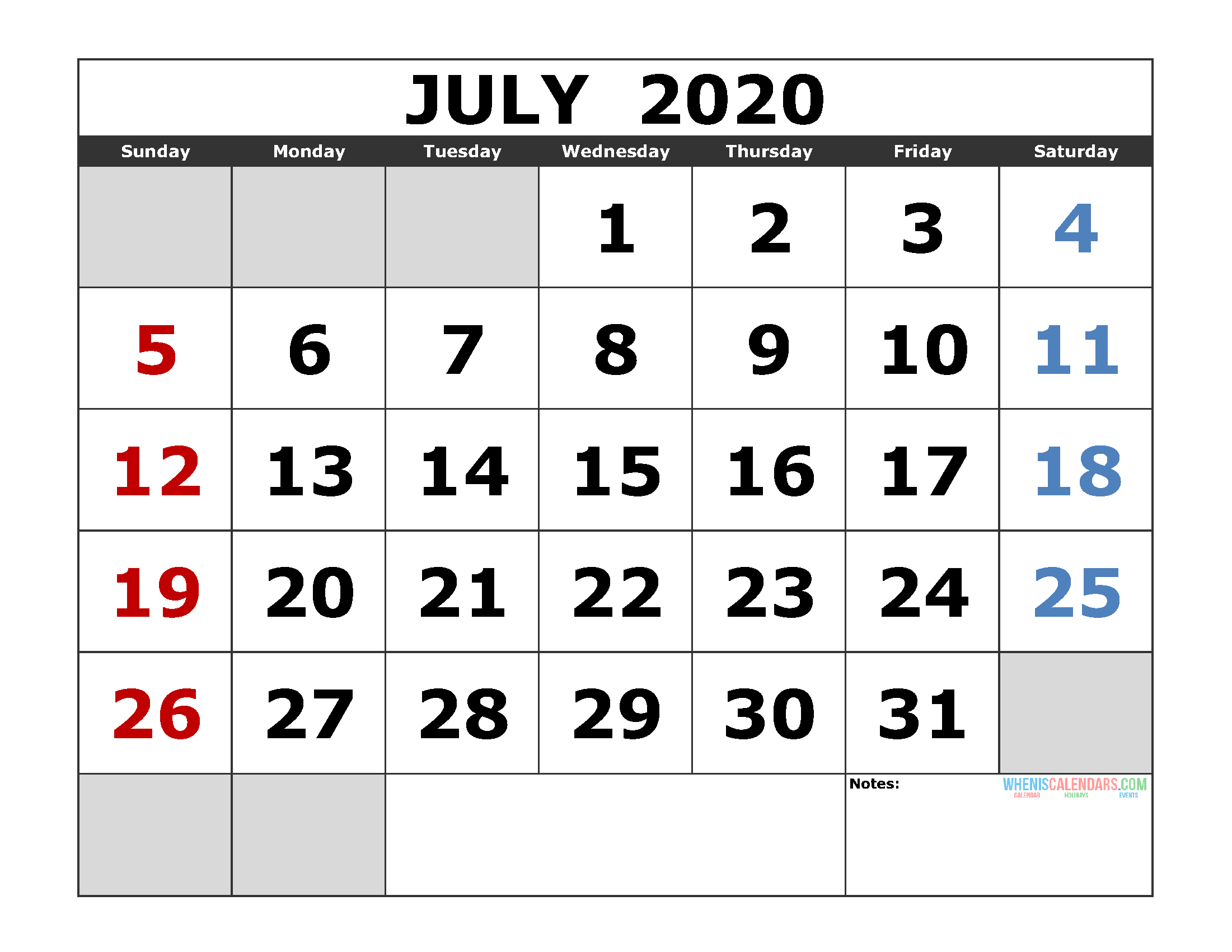 July 2020 Printable Calendar Template Excel, Pdf, Image