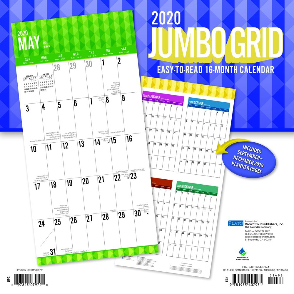 Jumbo Grid Large Print 2020 Square Wall Calendarplato