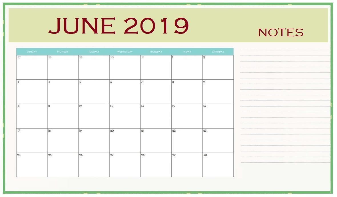 June 2019 Blank Editable Calendar | Fillable Calendar