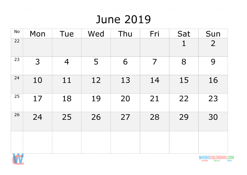 June 2019 Calendar With Week Numbers Printable, Start
