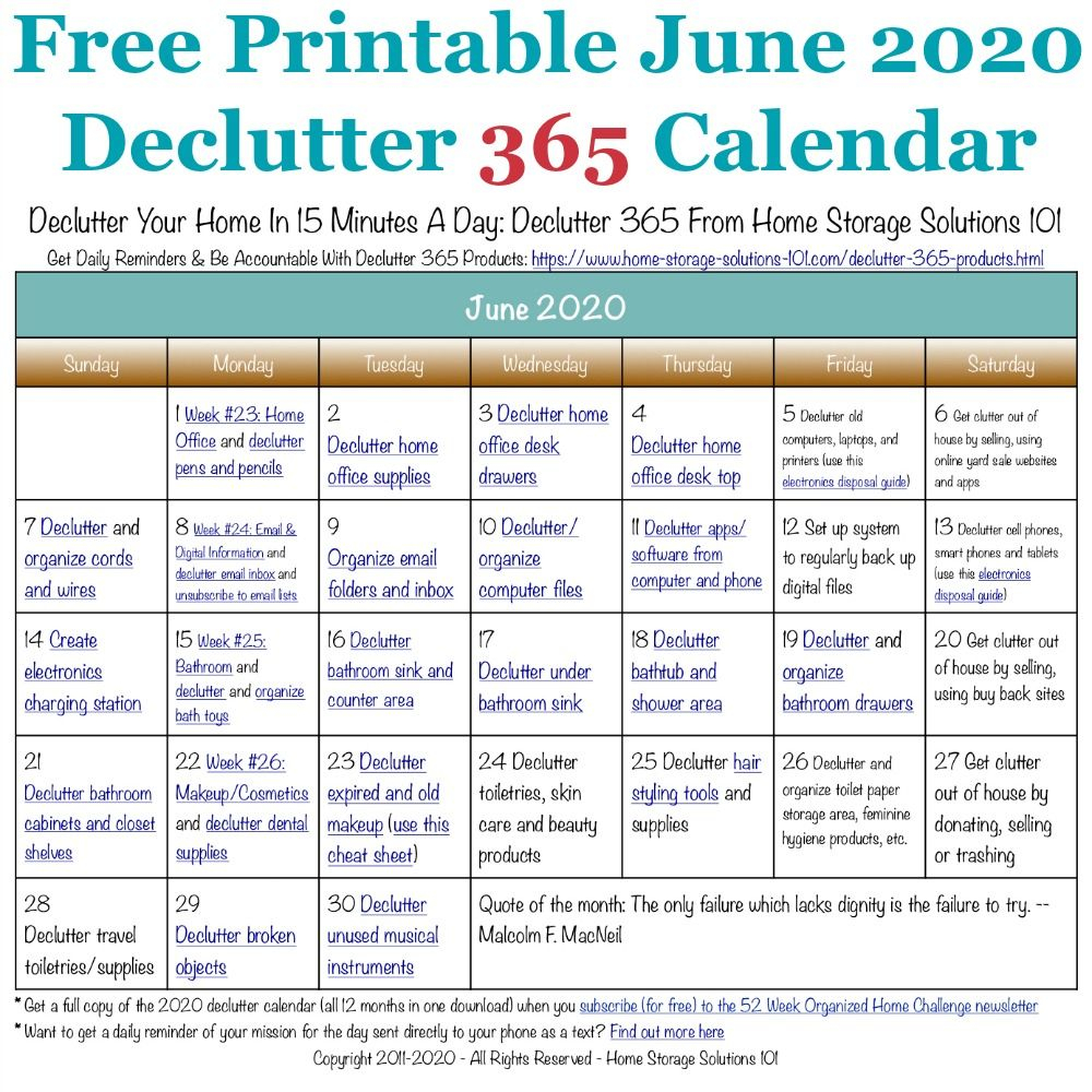 June Declutter Calendar: 15 Minute Daily Missions For Month