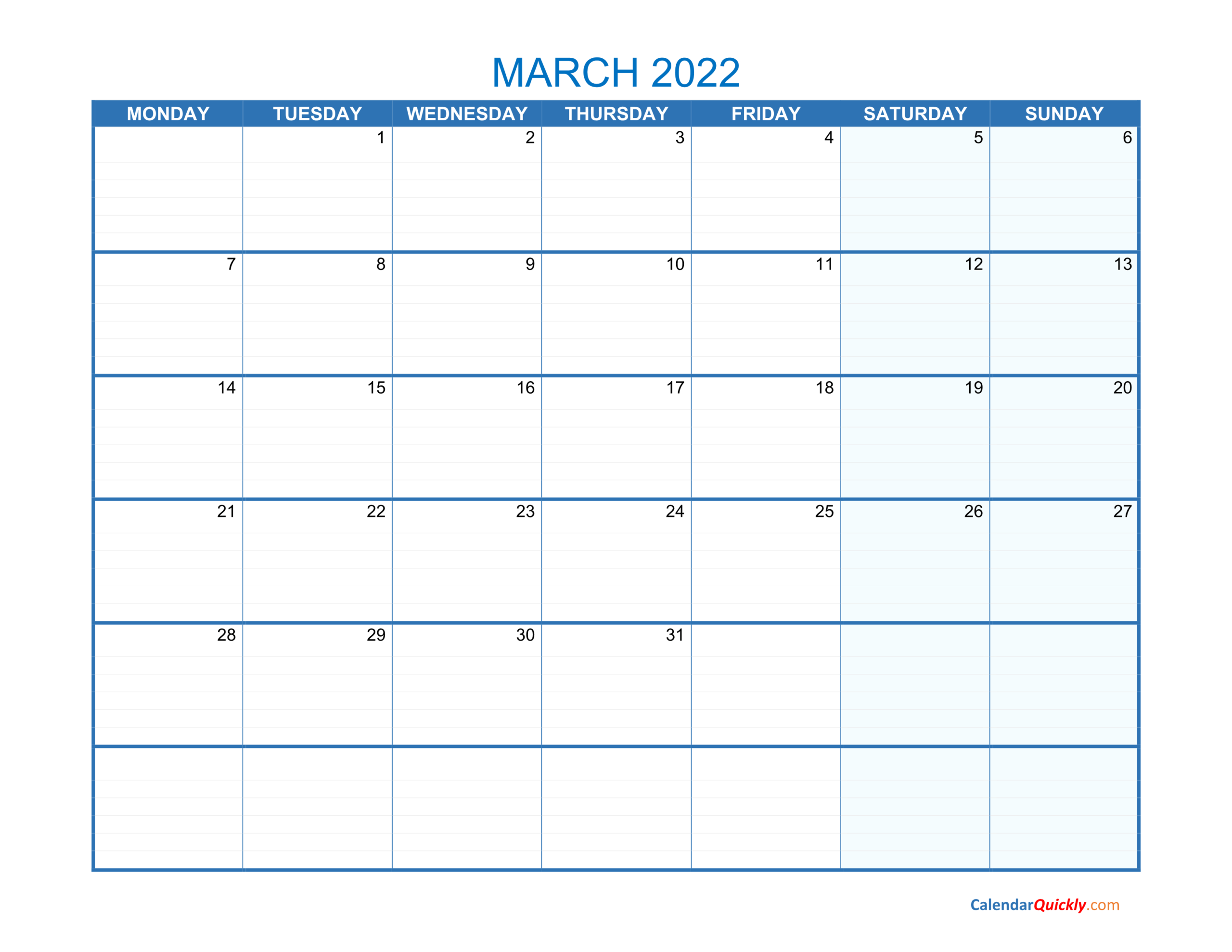 march monday 2022 blank calendar | calendar quickly