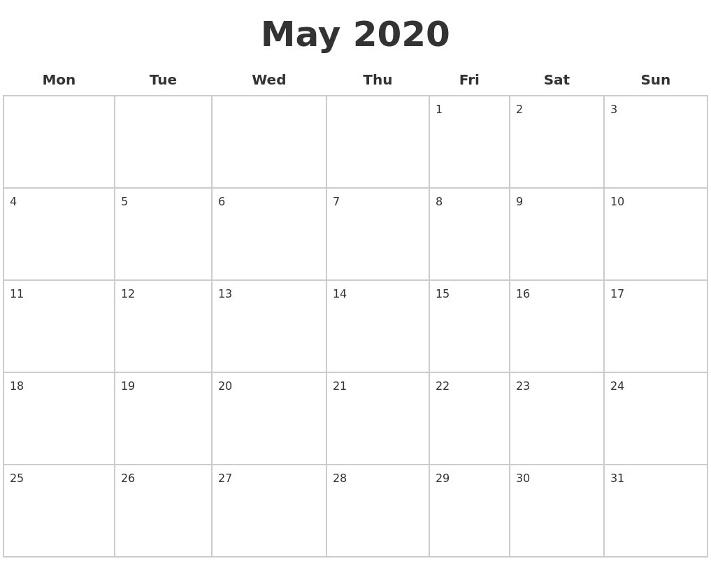 May 2020 Blank Calendar Pages
