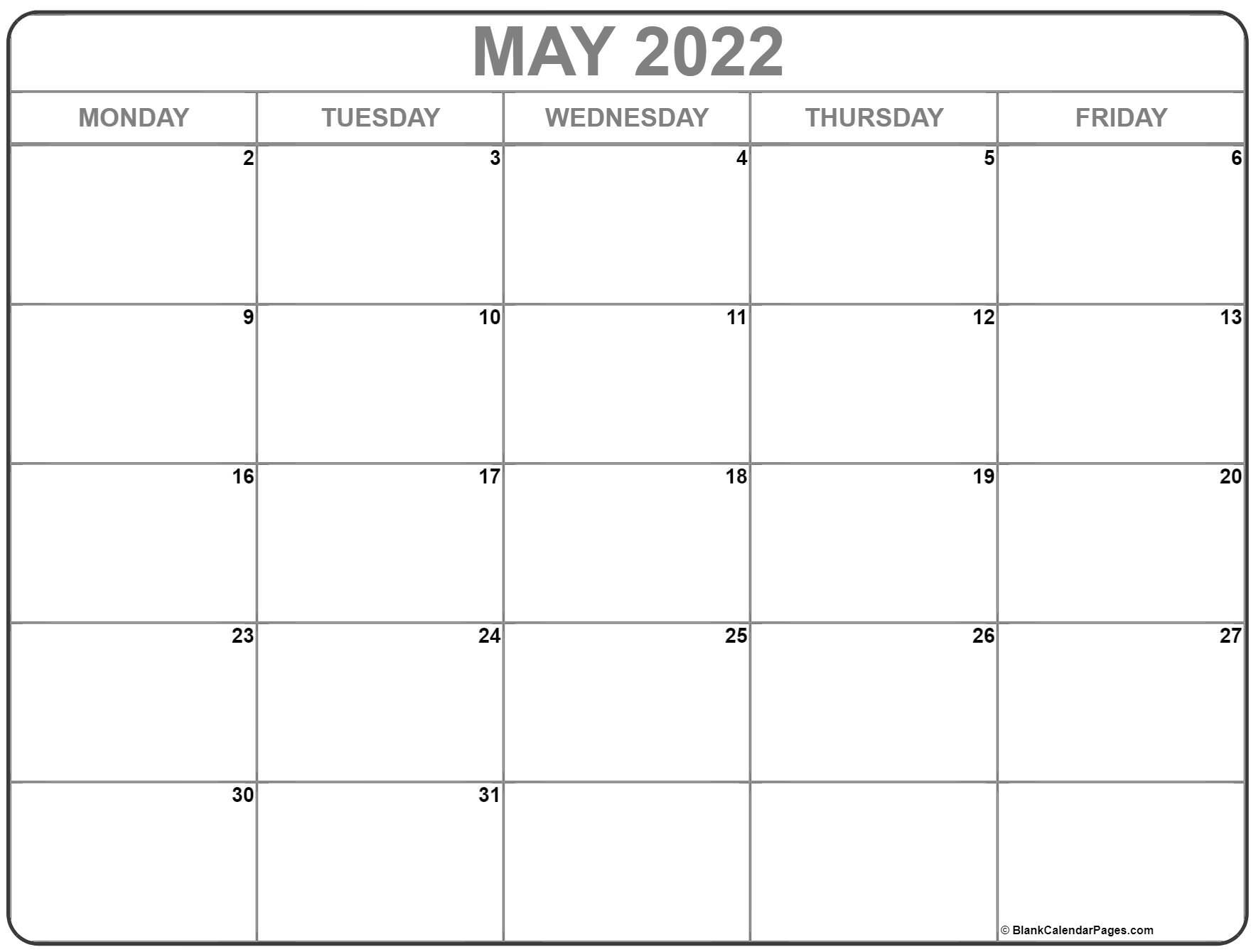 May 2022 Monday Calendar | Monday To Sunday
