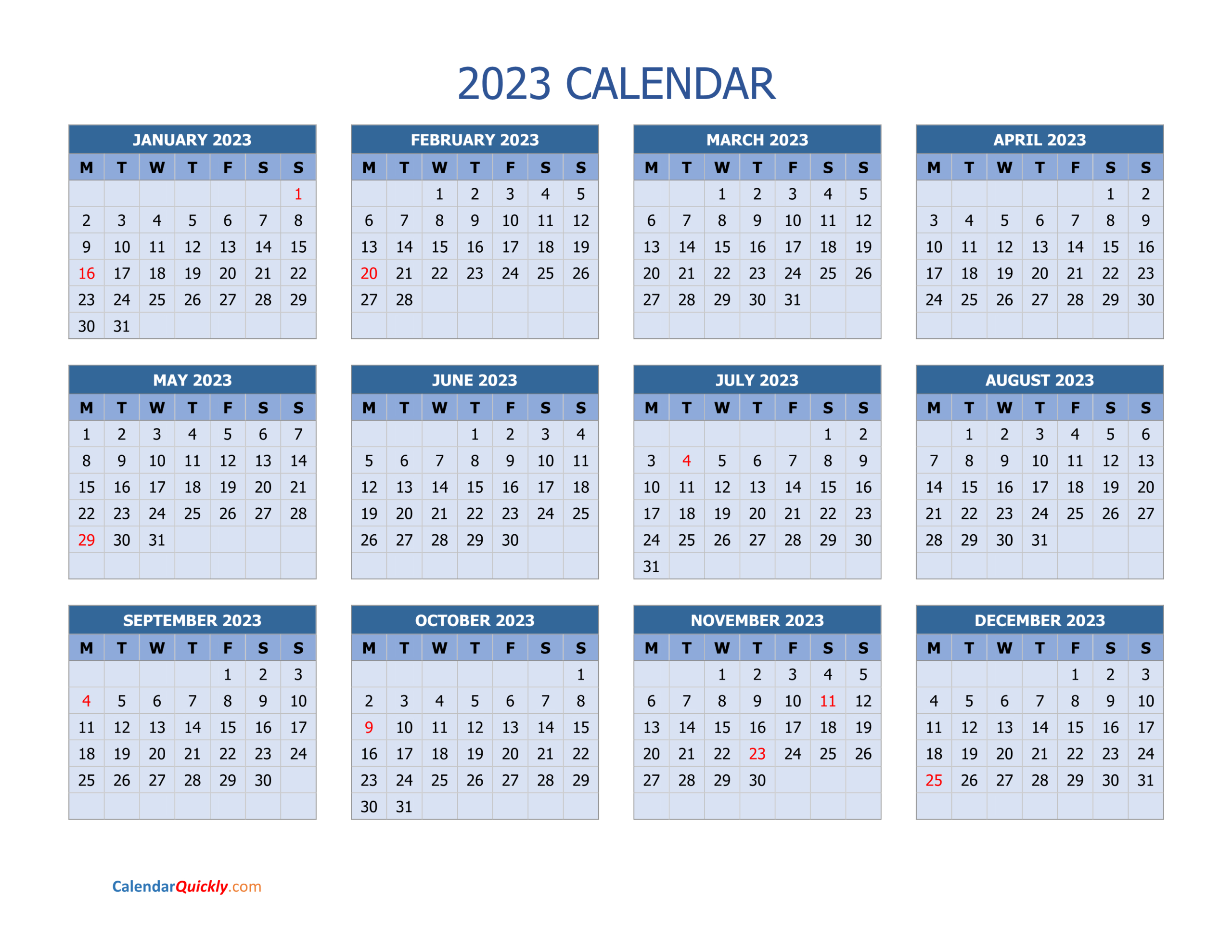 Monday 2023 Calendar Horizontal | Calendar Quickly