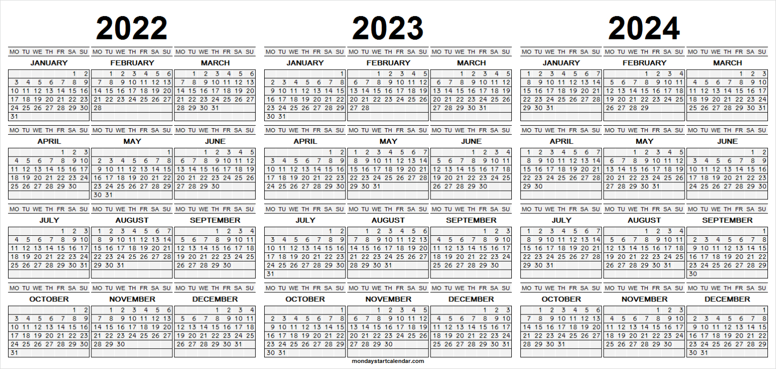 Monday Start Three Year Calendar 2022 2023 And 2024 | Free
