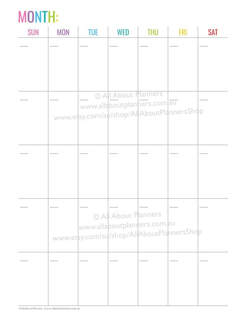 Monthly Calendar Printable 1 Page Monday Sunday Start