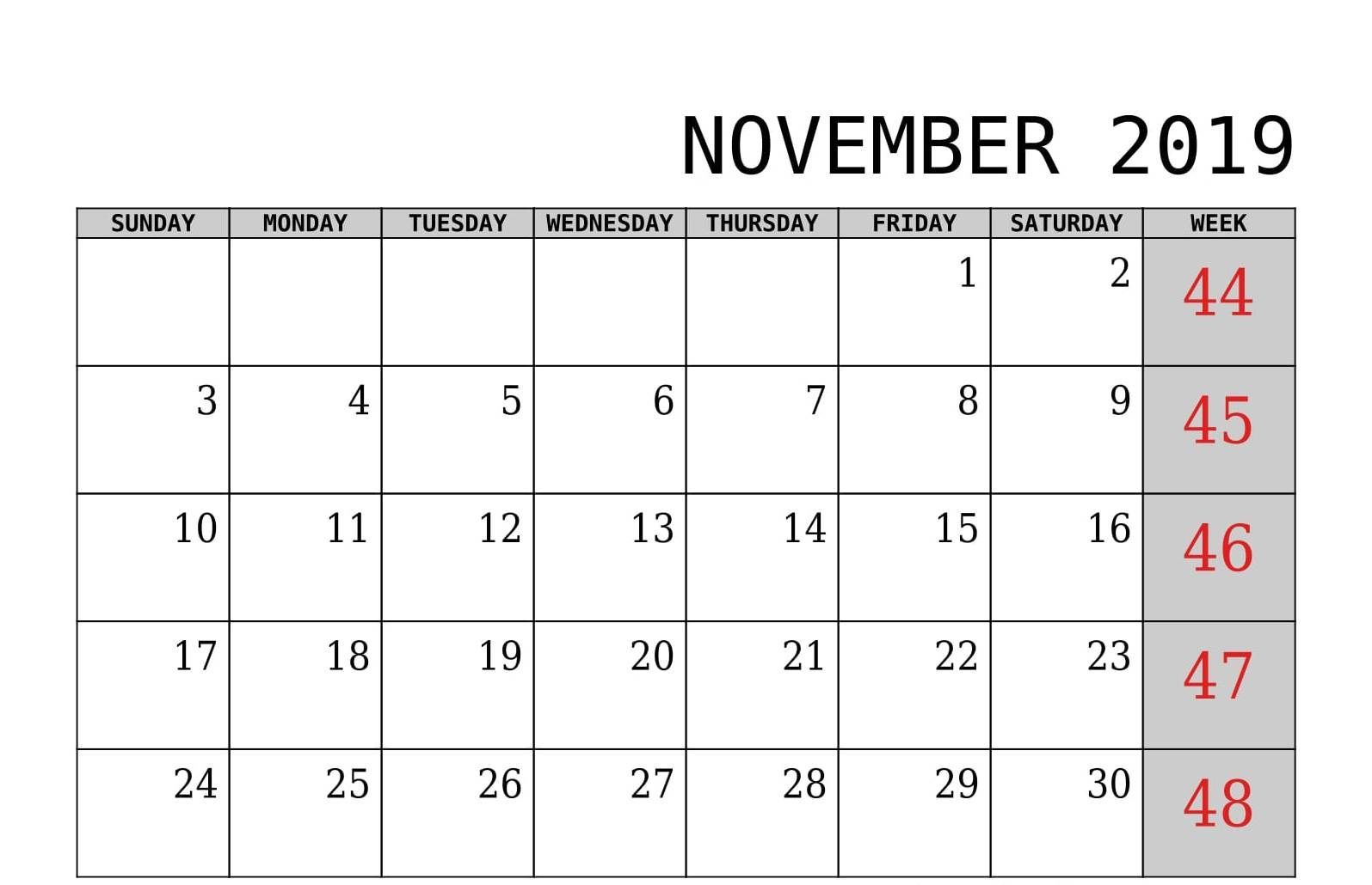 Monthly Calendar Template November 2019 | Calendar