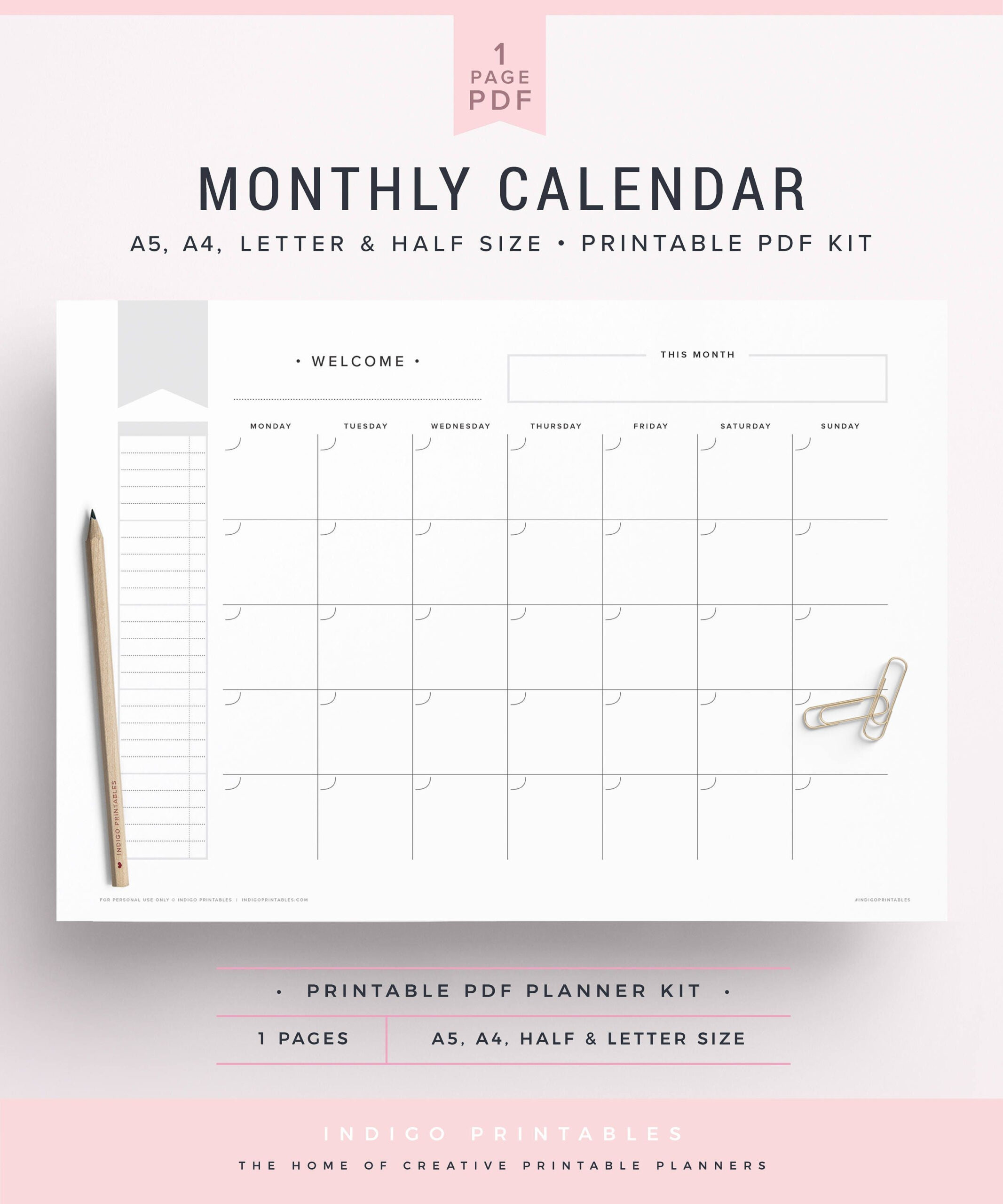 Monthly Calendar Undated Calendar Half Size Calendar Blank