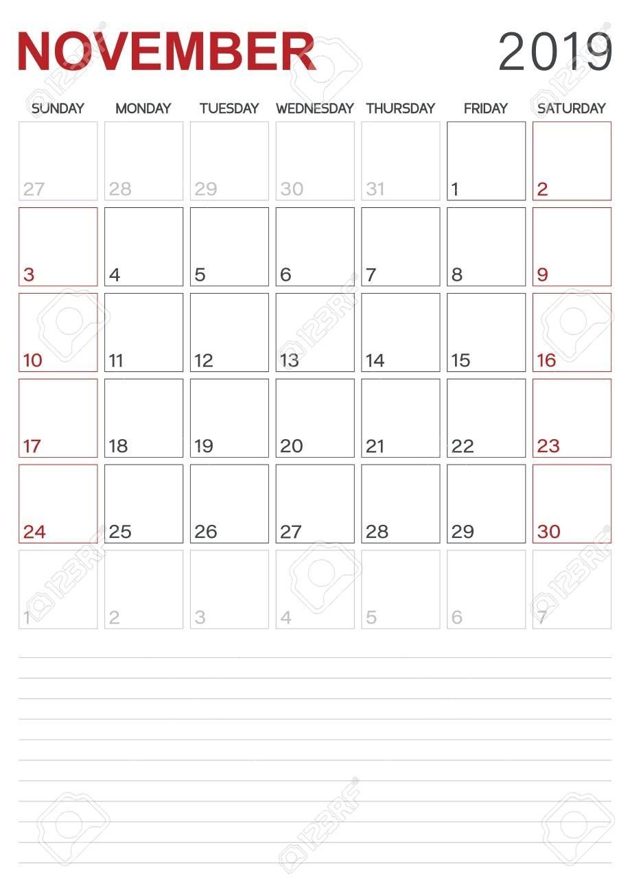 Monthly Planner Calendar November 2019, Week Starts On