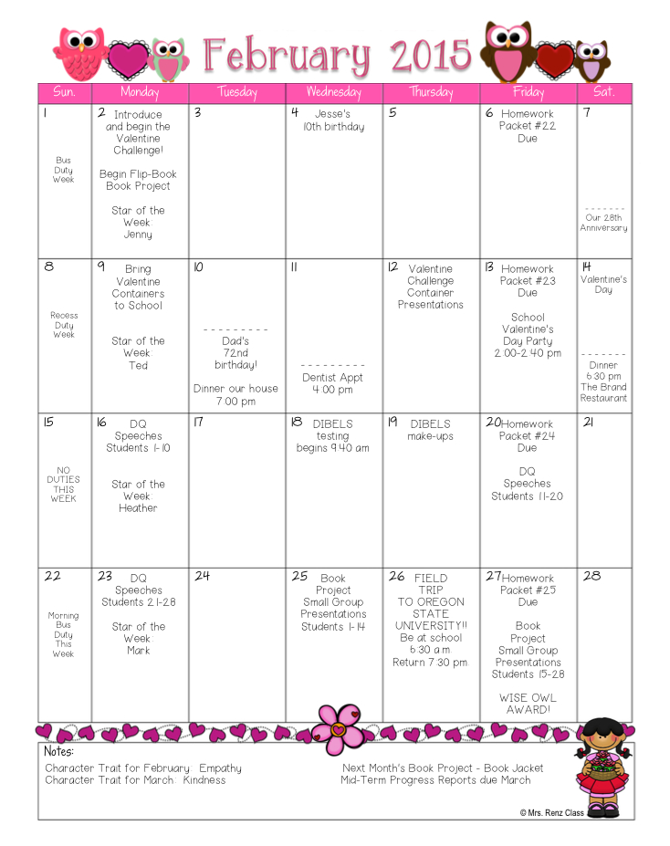 Mrs Renz' Class: February Freebie: A February Calendar
