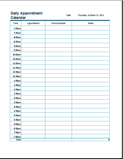 ms excel daily appointment calendar template | formal word