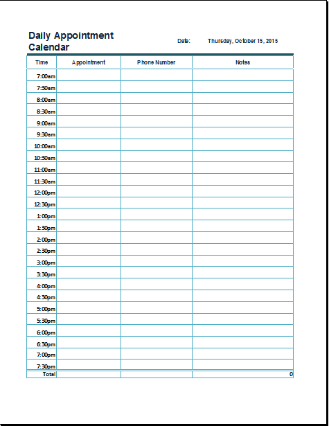 Ms Excel Daily Appointment Calendar Template | Formal Word