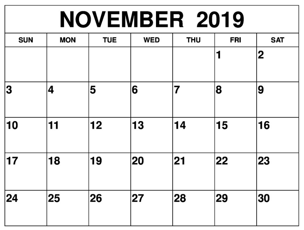 November Calendar 2019 Template Large Boxes | Calendar