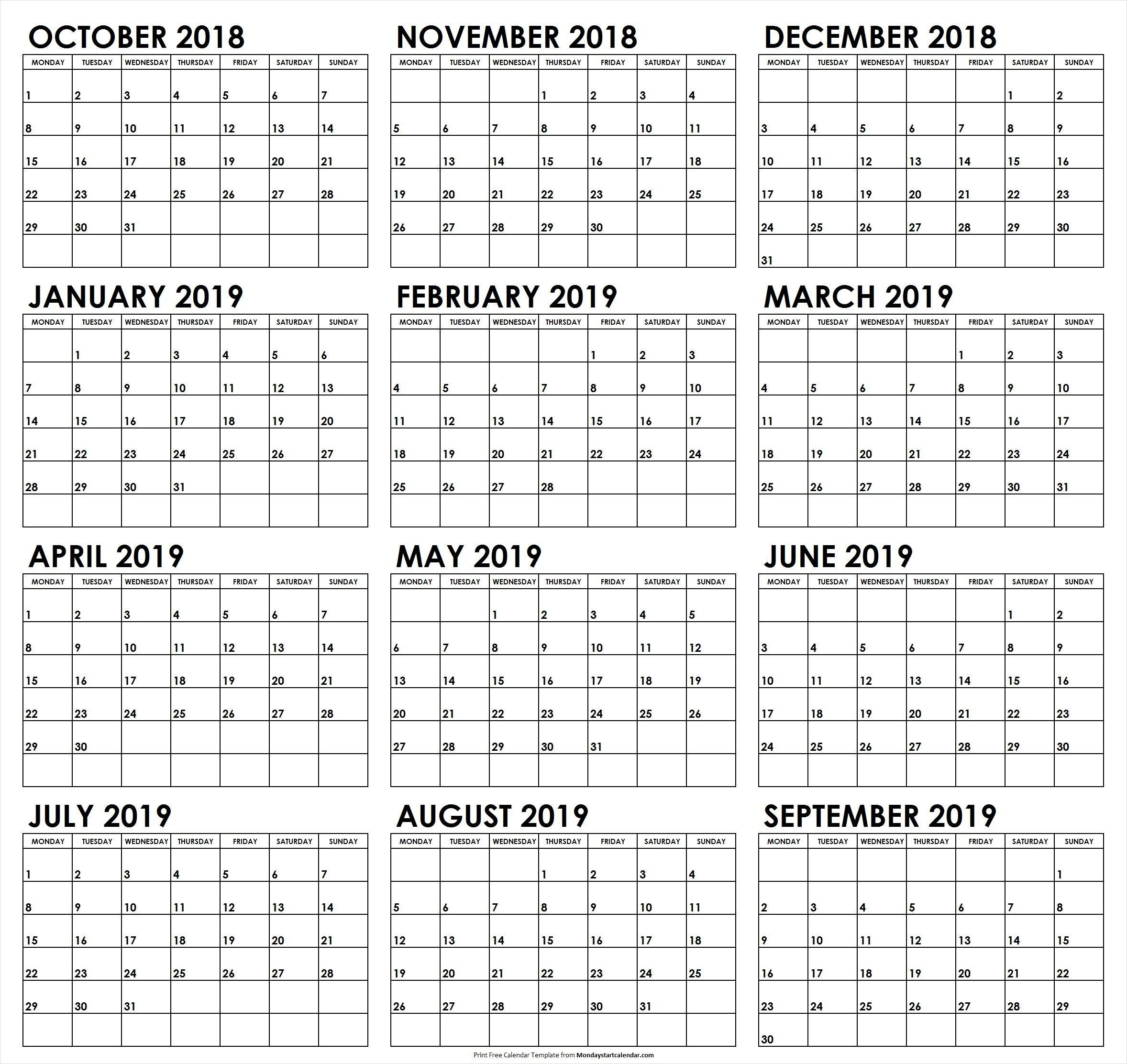 October 2018 To September 2019 Monday To Sunday Calendar