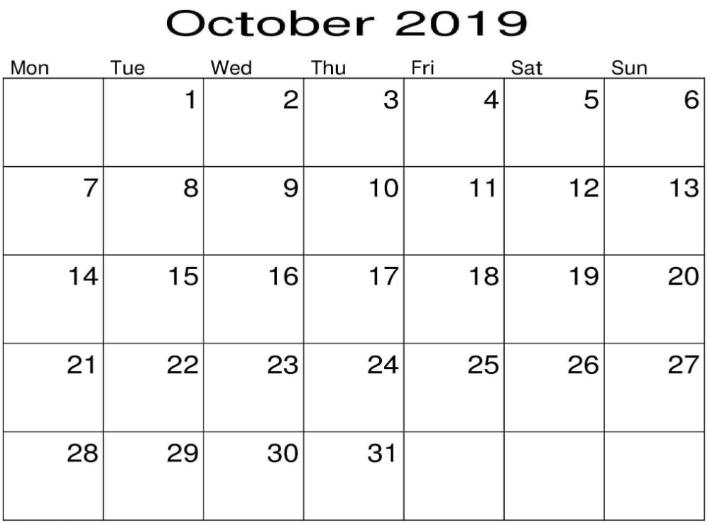 October 2019 Blank Calendar Landscape Format | Blank