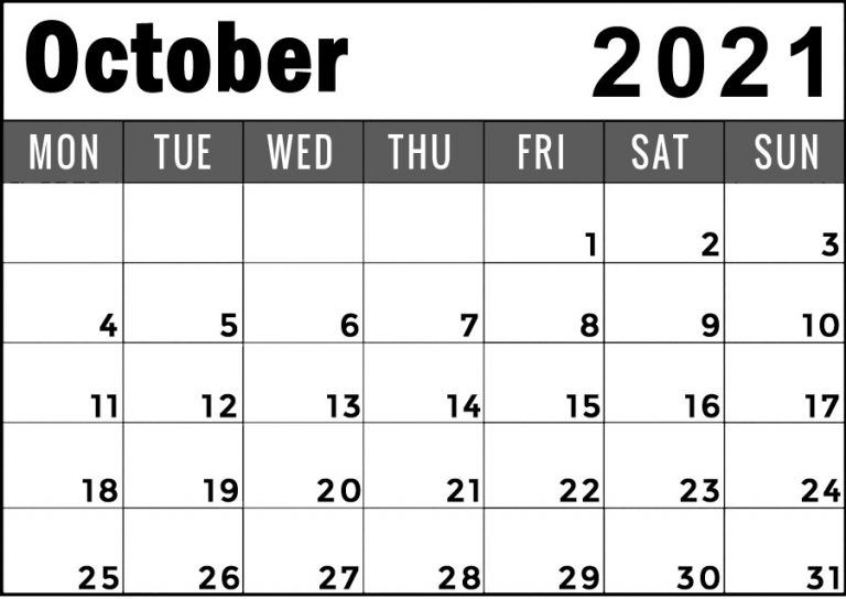 October 2021 Calendar Monday Start To Sunday Blank Free