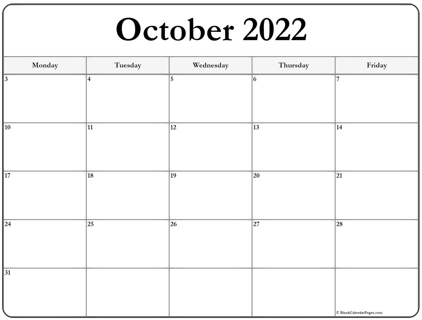 October 2022 Monday Calendar | Monday To Sunday
