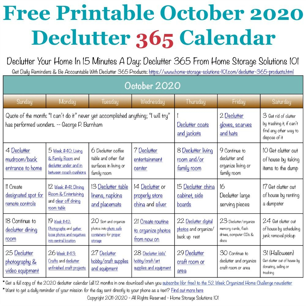 October Declutter Calendar: 15 Minute Daily Missions For Month