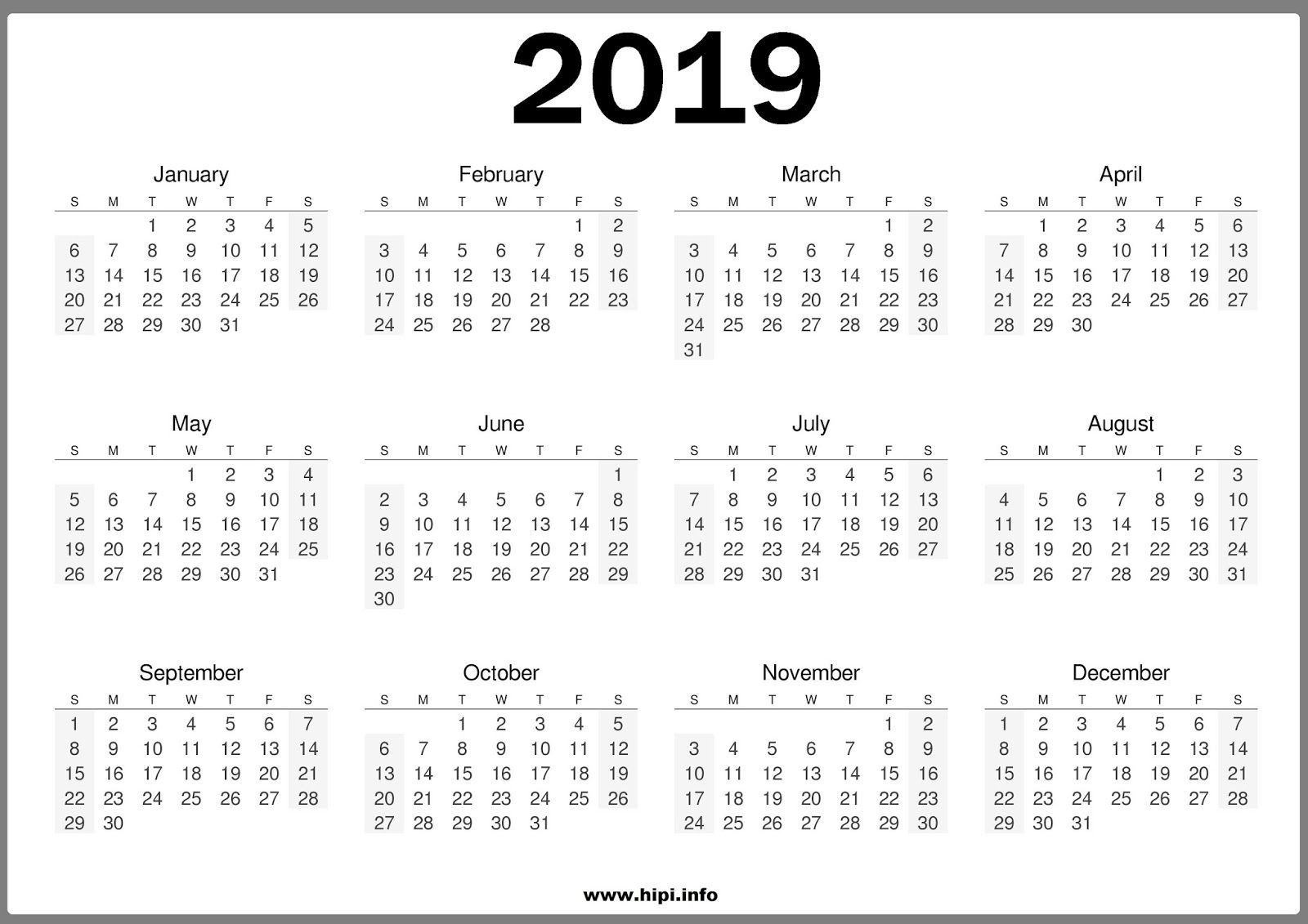 One Page Calendar 2019 Printable | Printable Yearly