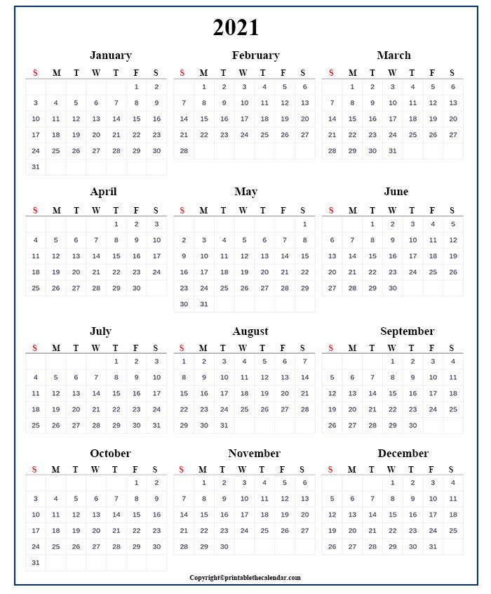 Free One Year Calendar On One Page - Example Calendar Printable