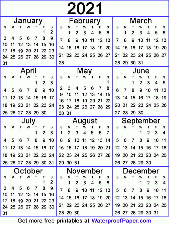 One Page Calendar Free Printable For 2021, 2022