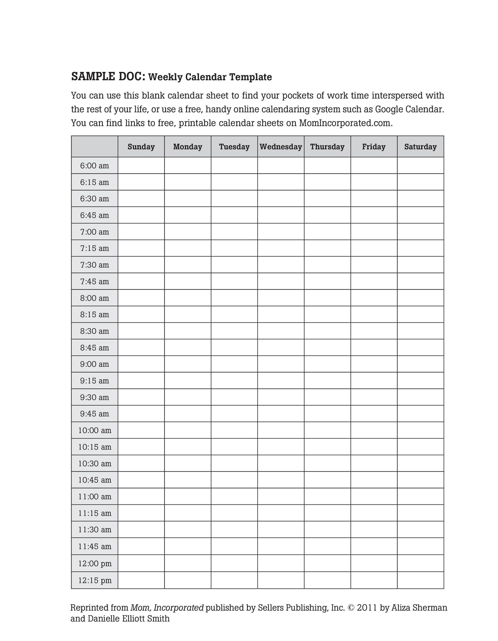 Planner 15 Minute Increments Ten Free Printable Calendar