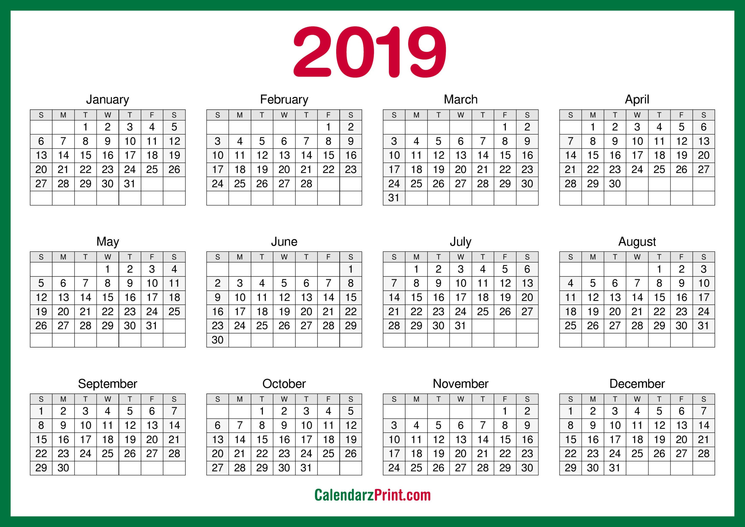 Printable 2019 Calendar Free Hd, Green Calendarzprint