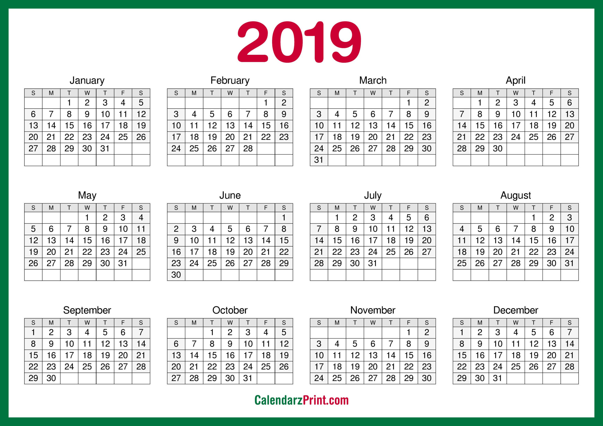 printable 2019 calendar free hd, green calendarzprint