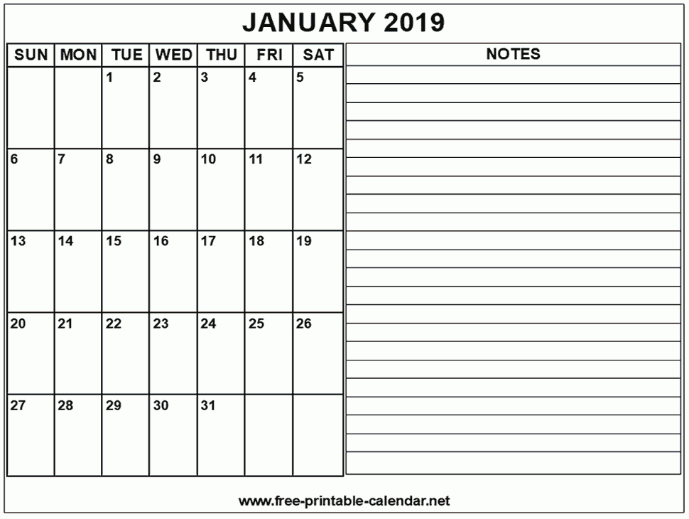 Printable 2019 January Calendar With Space For Writing